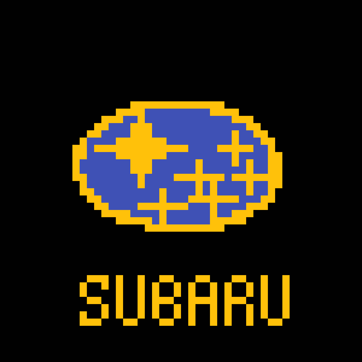 Subaru Logo 桌布 壁紙 — 像素化Subaru標誌，藍色橢圓形和黃色星星在黑色背景上。