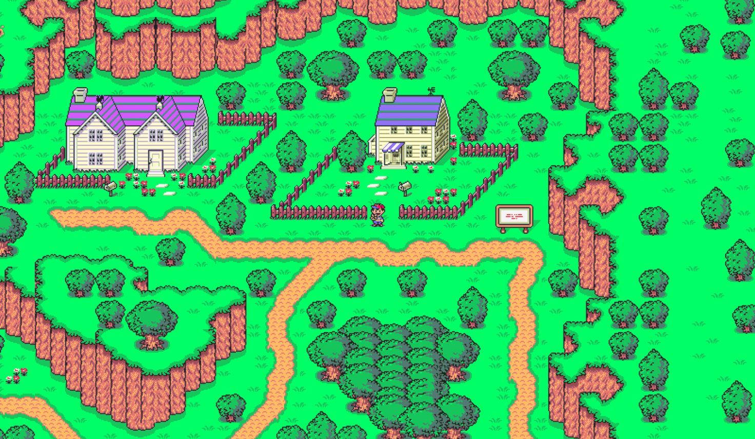 Earthbound 桌布 壁紙 — 像素化俯視圖，呈現一個充滿活力的綠色村莊，有兩間房屋、蜿蜒小徑和樹木，風格為經典RPG遊戲。