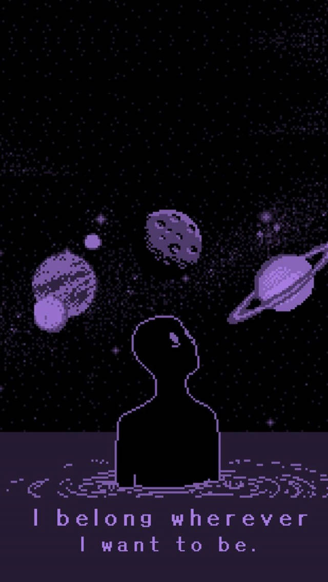 Picsart 桌布 壁紙 — 像素化剪影仰望紫色行星和星星，背景為黑暗宇宙，下方有文字。
