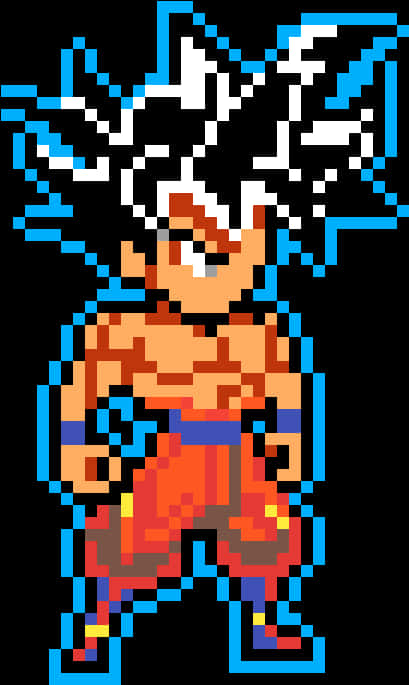 Ultra Instinct Goku 桌布 壁紙 — 像素化動畫戰士，擁有尖刺白髮和藍色光環，在黑色背景下強勢站立。