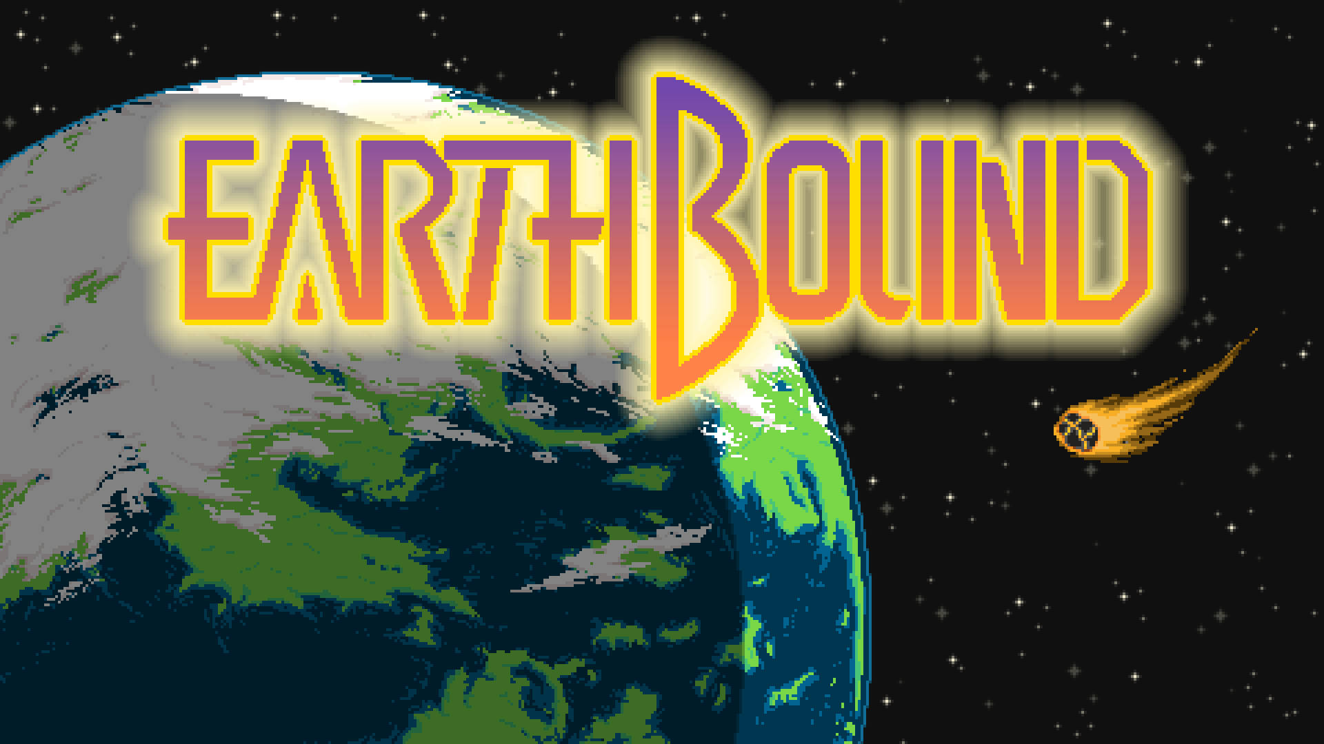 Earthbound 桌布 壁紙 — 像素化地球，帶有發光的「EARTHBOUND」文字和流星，背景是星空。