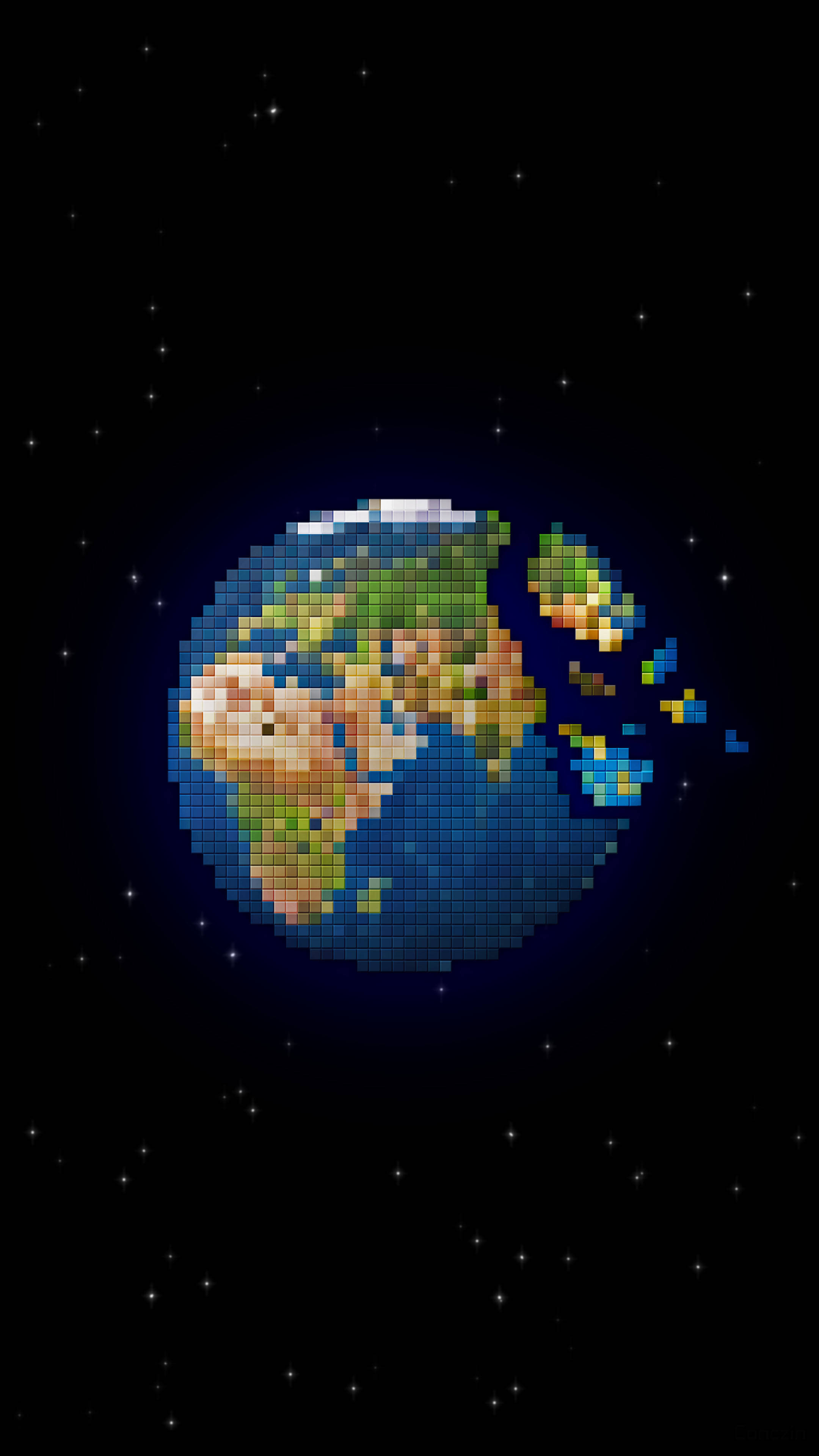 太空電話 桌布 壁紙 — 像素化地球漂浮在星空之中，大陸和海洋以塊狀鮮豔色彩呈現。