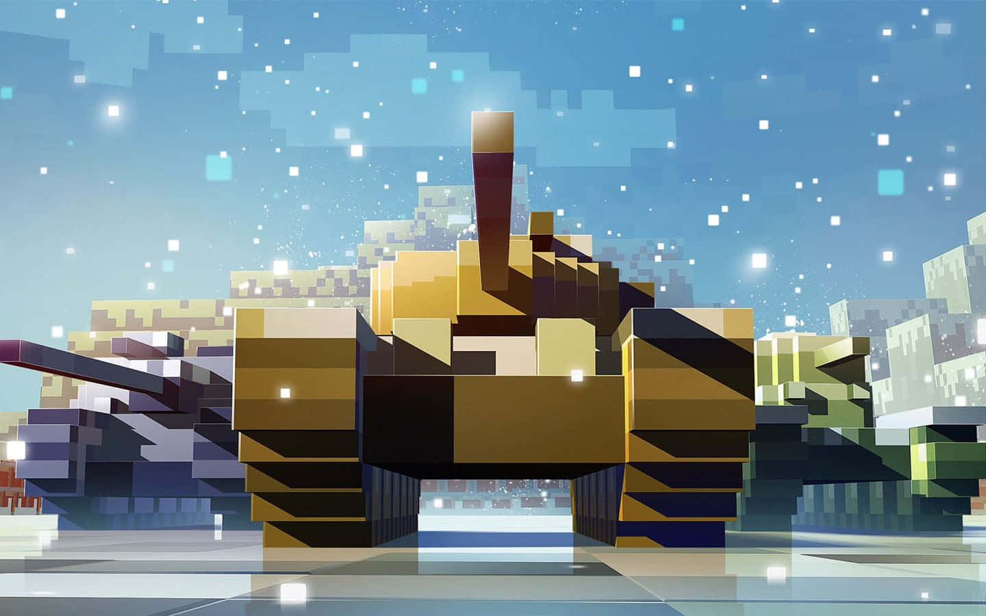 Polygon Art 桌布 壁紙 — 像素化坦克站在星空下帶有發光粒子的雪景中。