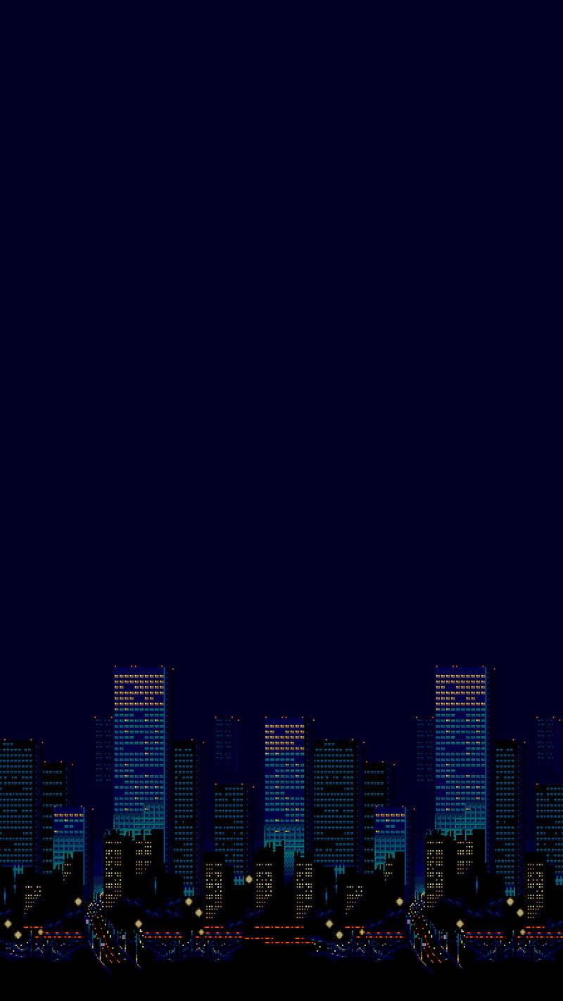 桌布 壁紙 — 像素化城市夜景，藍色和黃色燈光在深藍色夜空中閃爍。