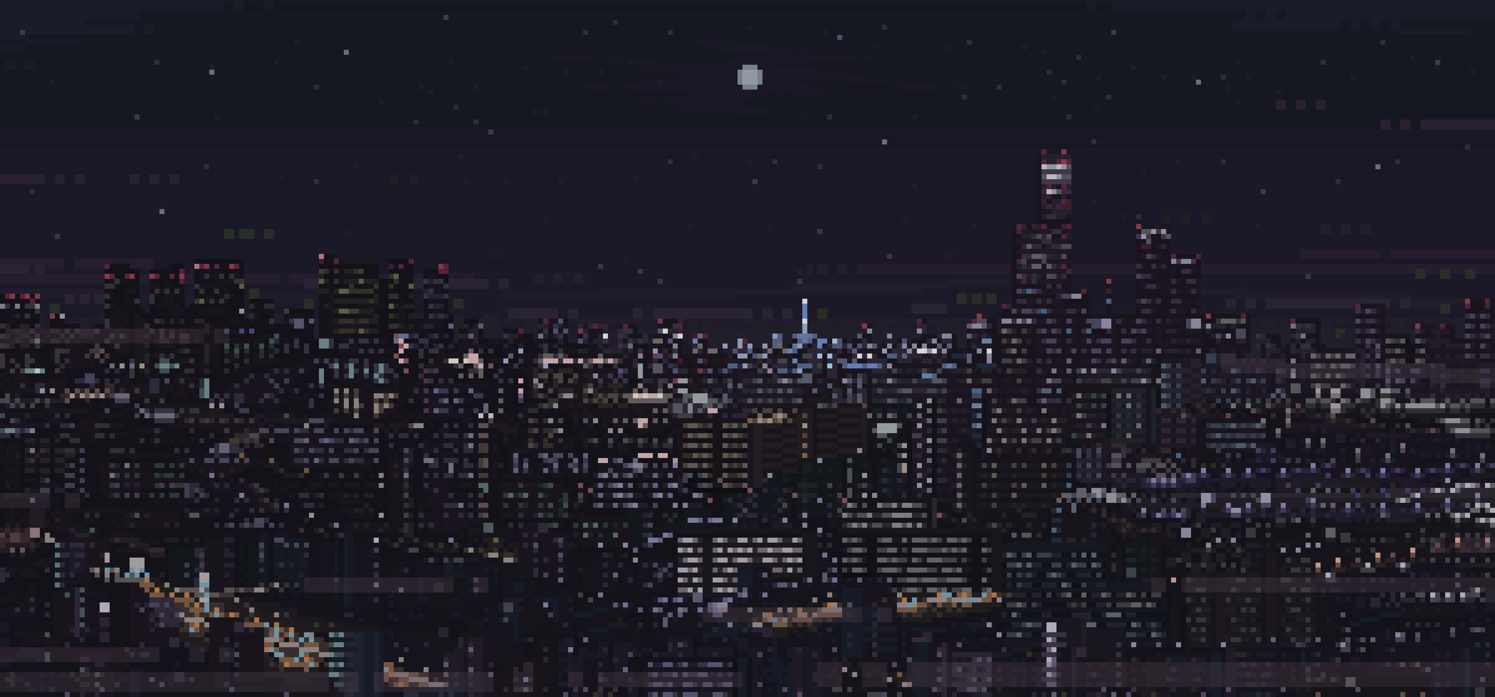 City Pixel Art 桌布 壁紙 — 像素化城市夜景，閃爍的窗戶和明亮的月亮映襯著星空。