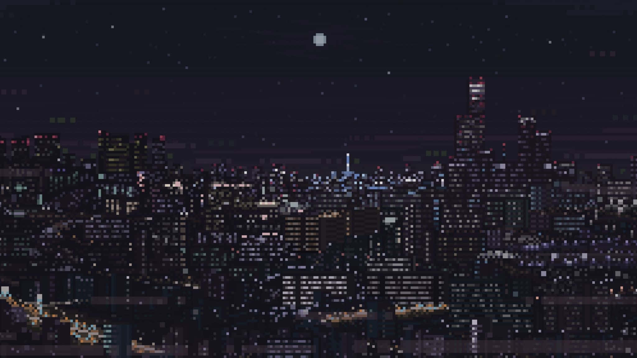 pastel 桌布 壁紙 — 像素化城市天際線夜景，在星空和明亮月亮下帶有發光的窗戶。