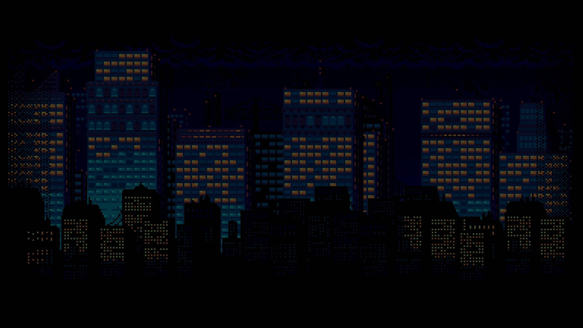 Dark Pixel 桌布 壁紙 — 像素化城市天際線夜景，發光窗戶映襯深藍天空與剪影建築。
