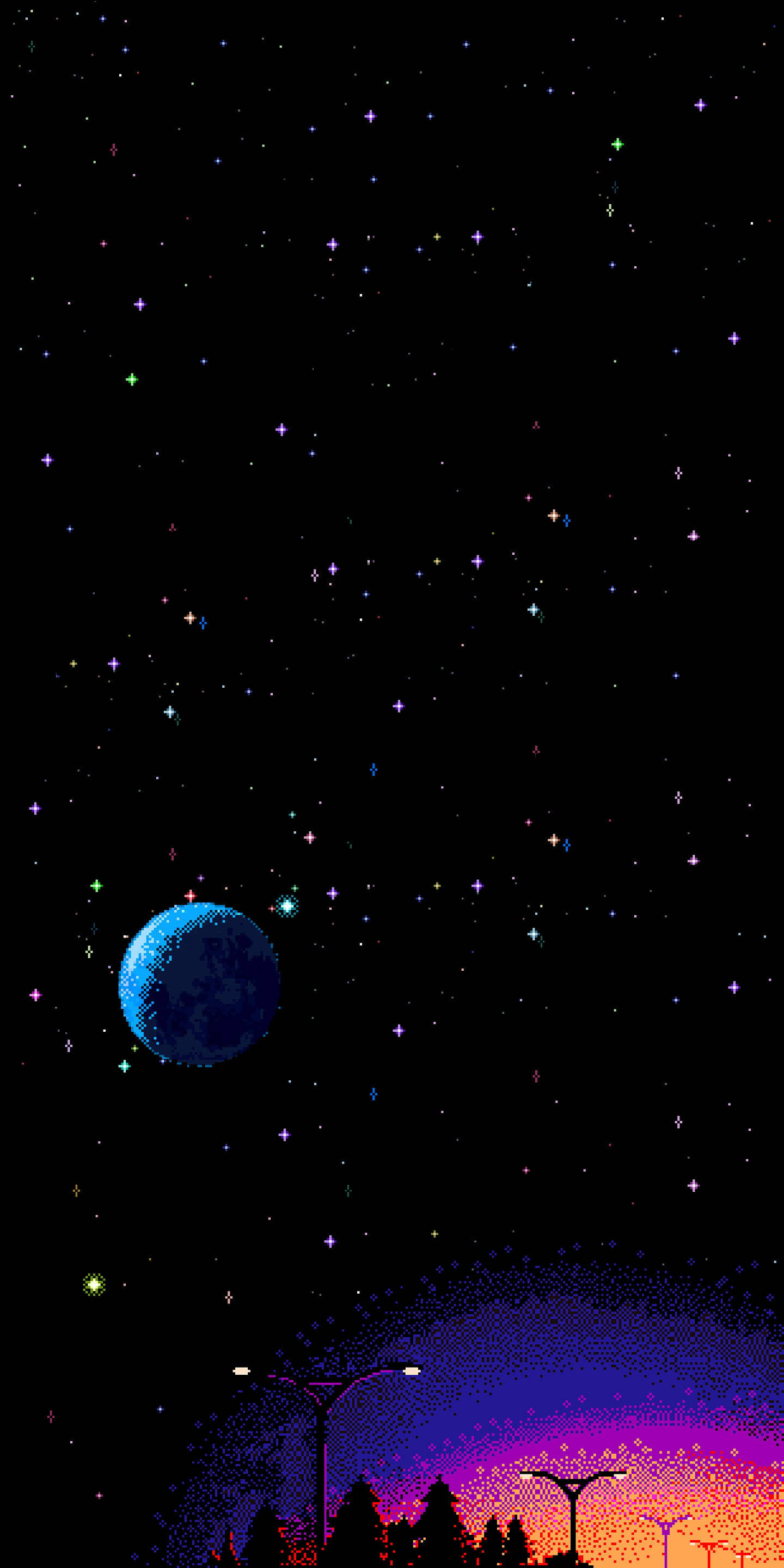 手機 桌布 壁紙 — 像素化夜空，閃爍星星和藍色行星，位於色彩繽紛的地平線之上，有街燈和樹木。