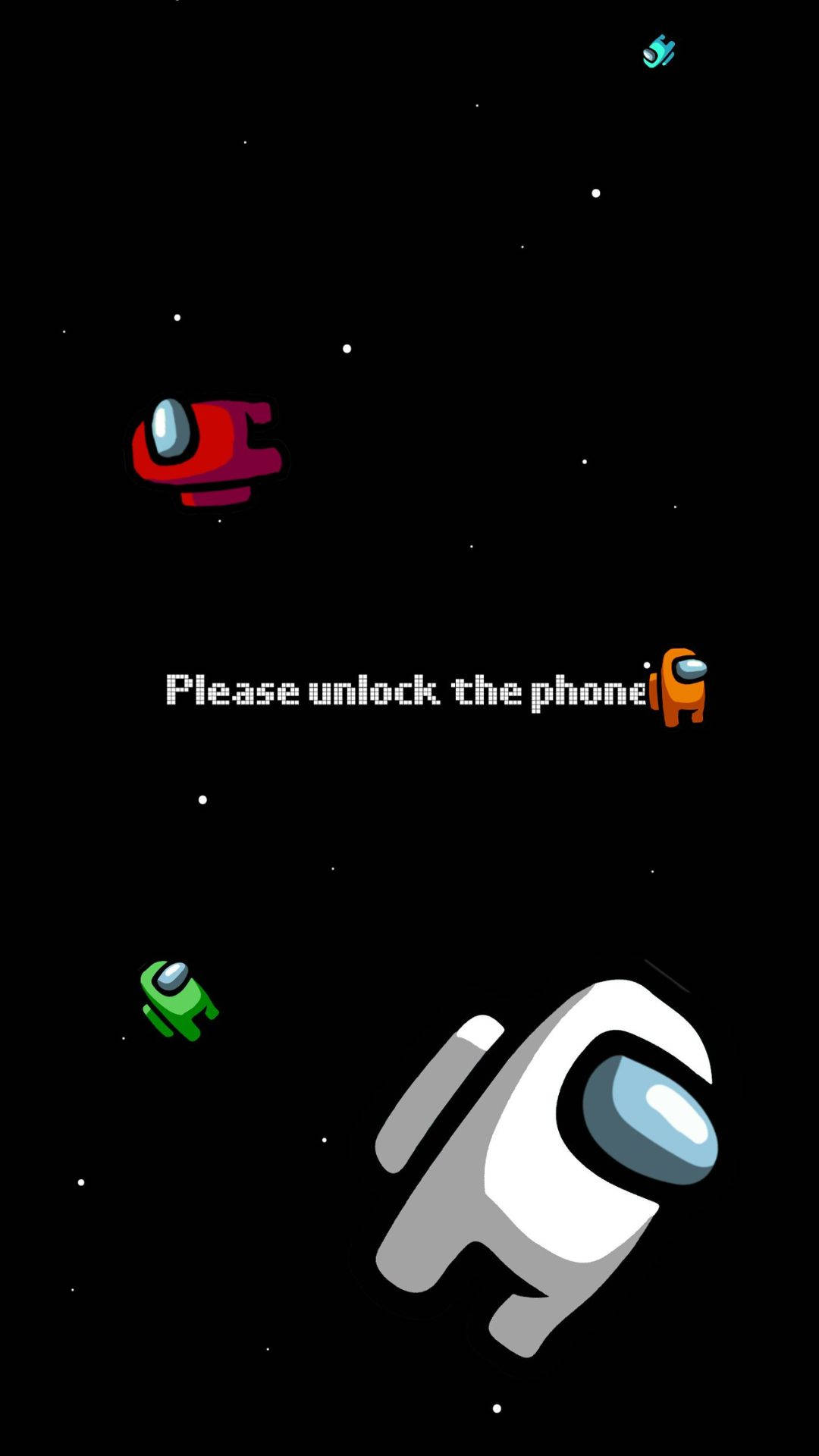 game 桌布 壁紙 — 像素化太空人在星空漂浮，附有要求解鎖手機的文字。