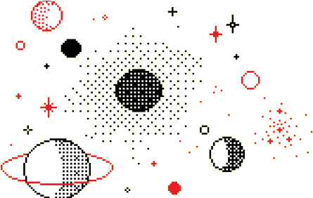 Planets 桌布 壁紙 — 像素化太空場景，帶有復古行星、恆星和中央黑洞，背景為黑色。