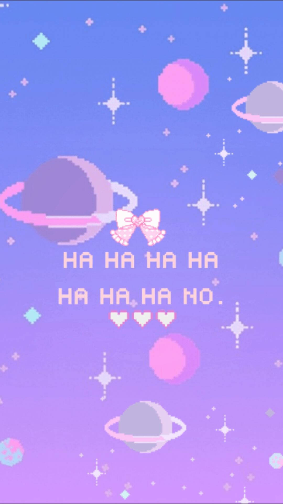Aesthetic Pixel Art HD 桌布 壁紙 — 像素化太空場景，有粉彩行星、星星和一個帶有笑聲文字的蝴蝶結，背景是漸變紫色天空。