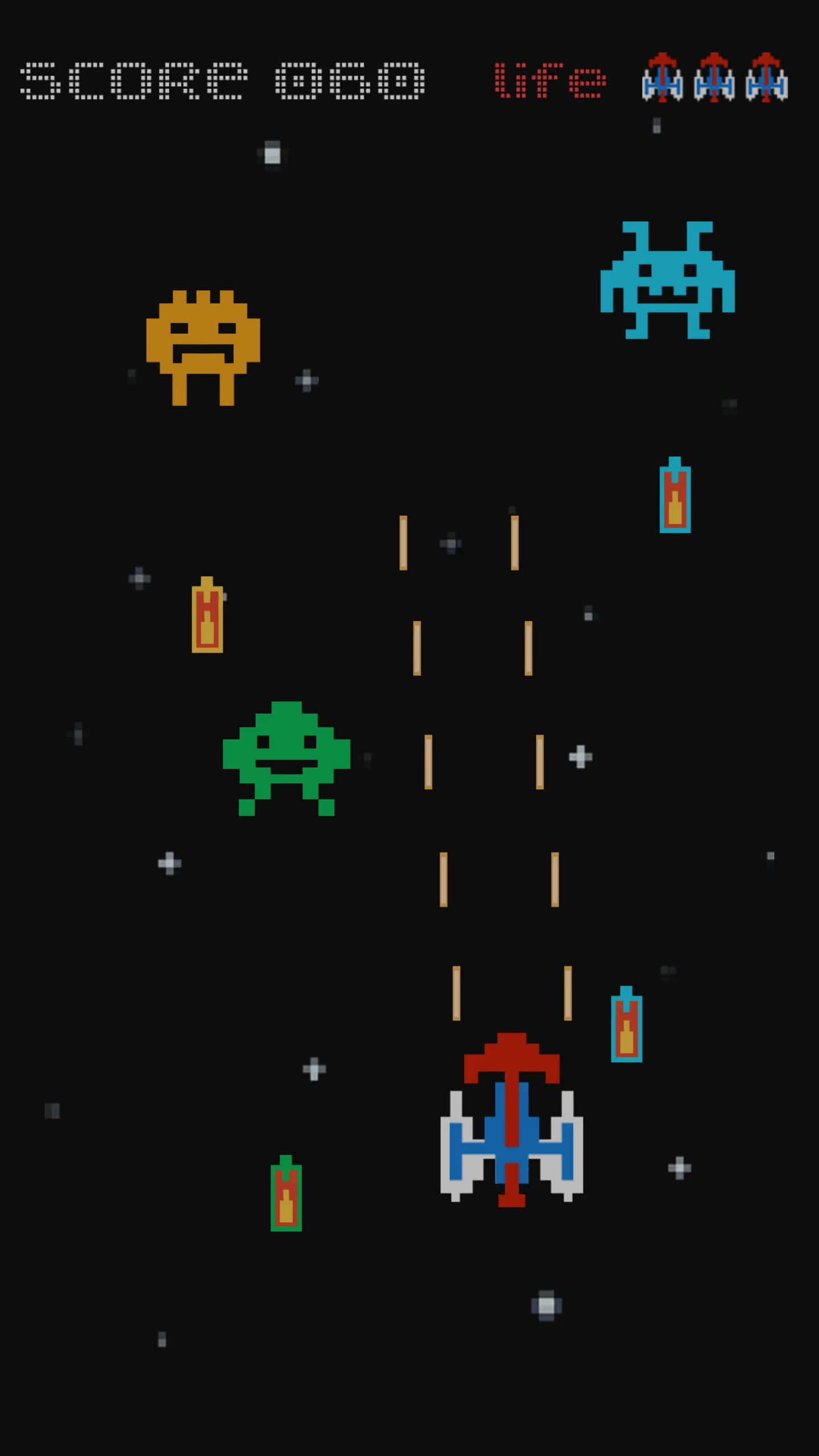 電玩遊戲 桌布 壁紙 — 像素化太空船在星空黑色太空背景下躲避色彩繽紛的外星入侵者和強化道具。