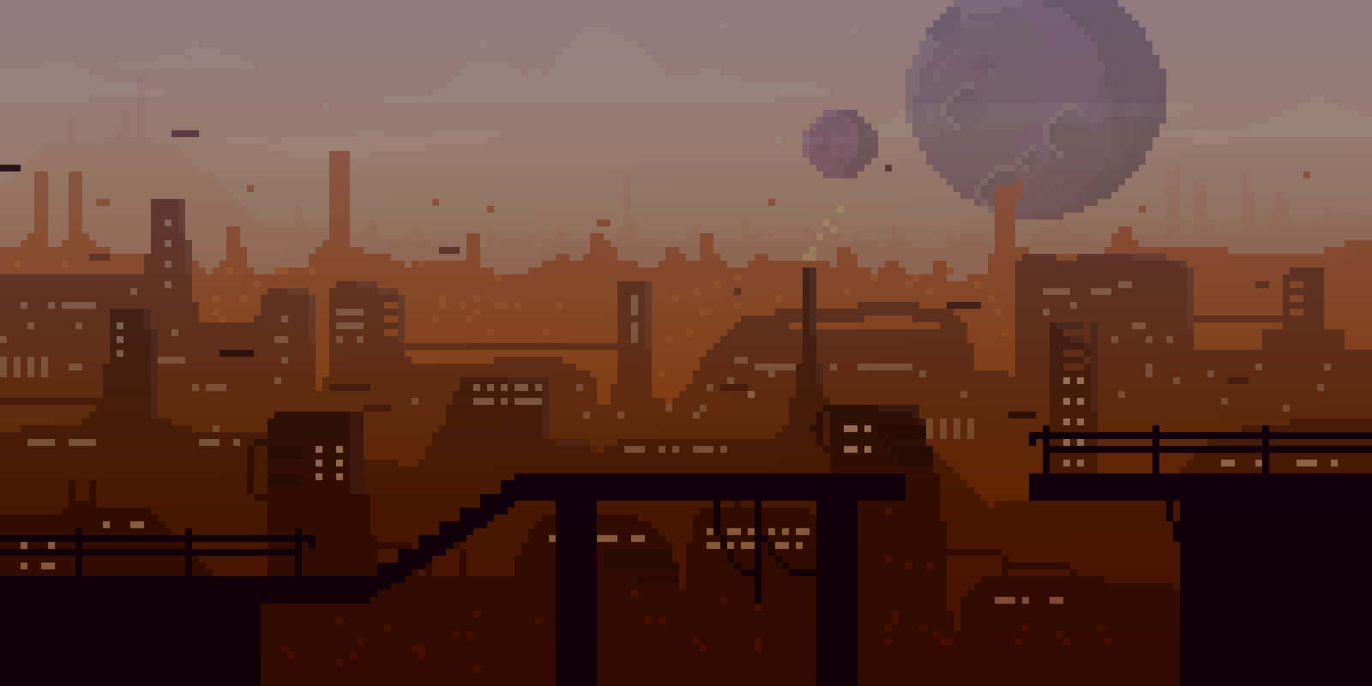 Aesthetic Pixel 桌布 壁紙 — 像素化復古城市景觀，黃昏時分，橙色天空下漂浮著外星球體和工業建築。