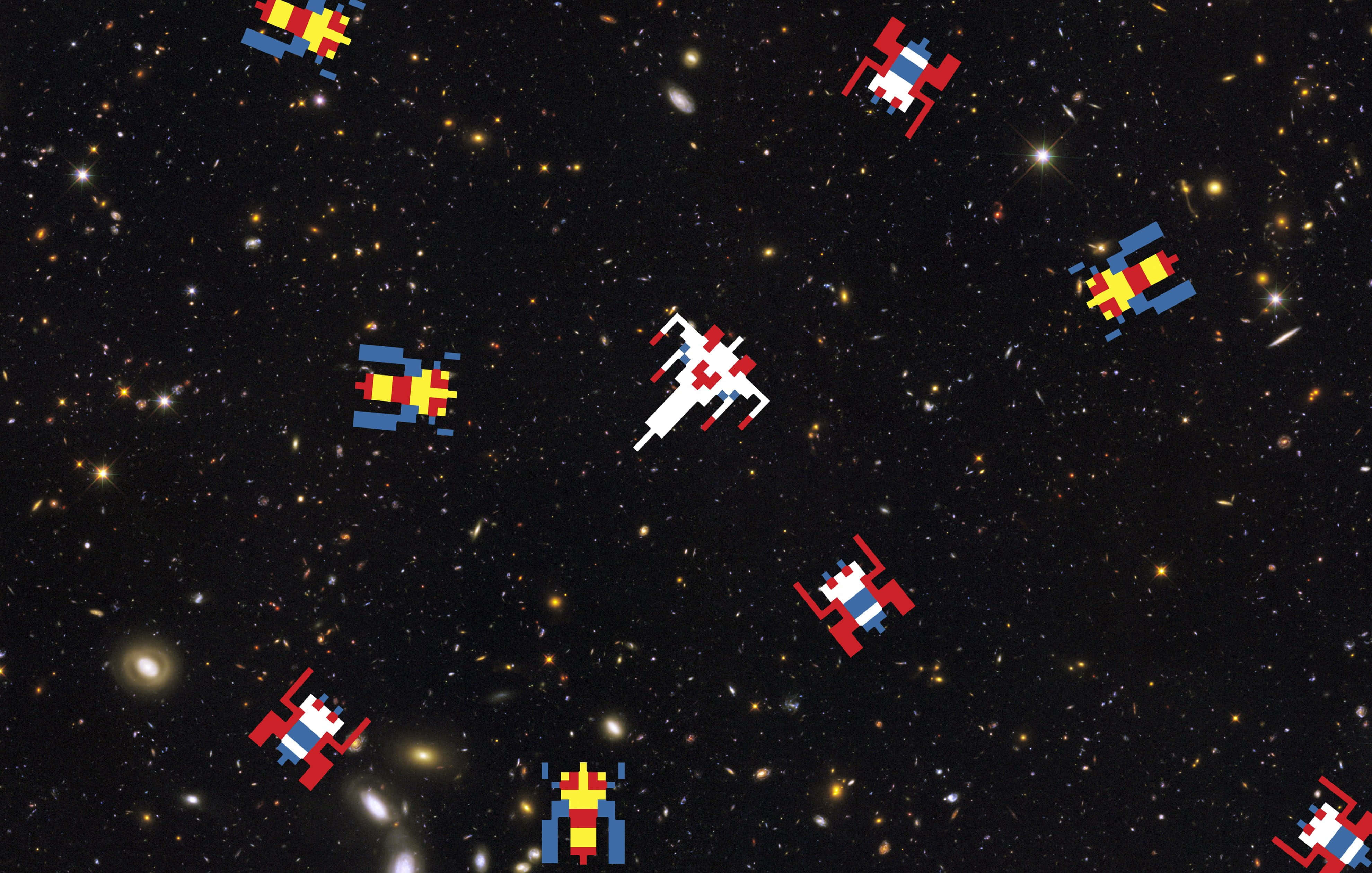 arcade 桌布 壁紙 — 像素化復古太空船飛越由真實星系和宇宙塵埃組成的星空背景。