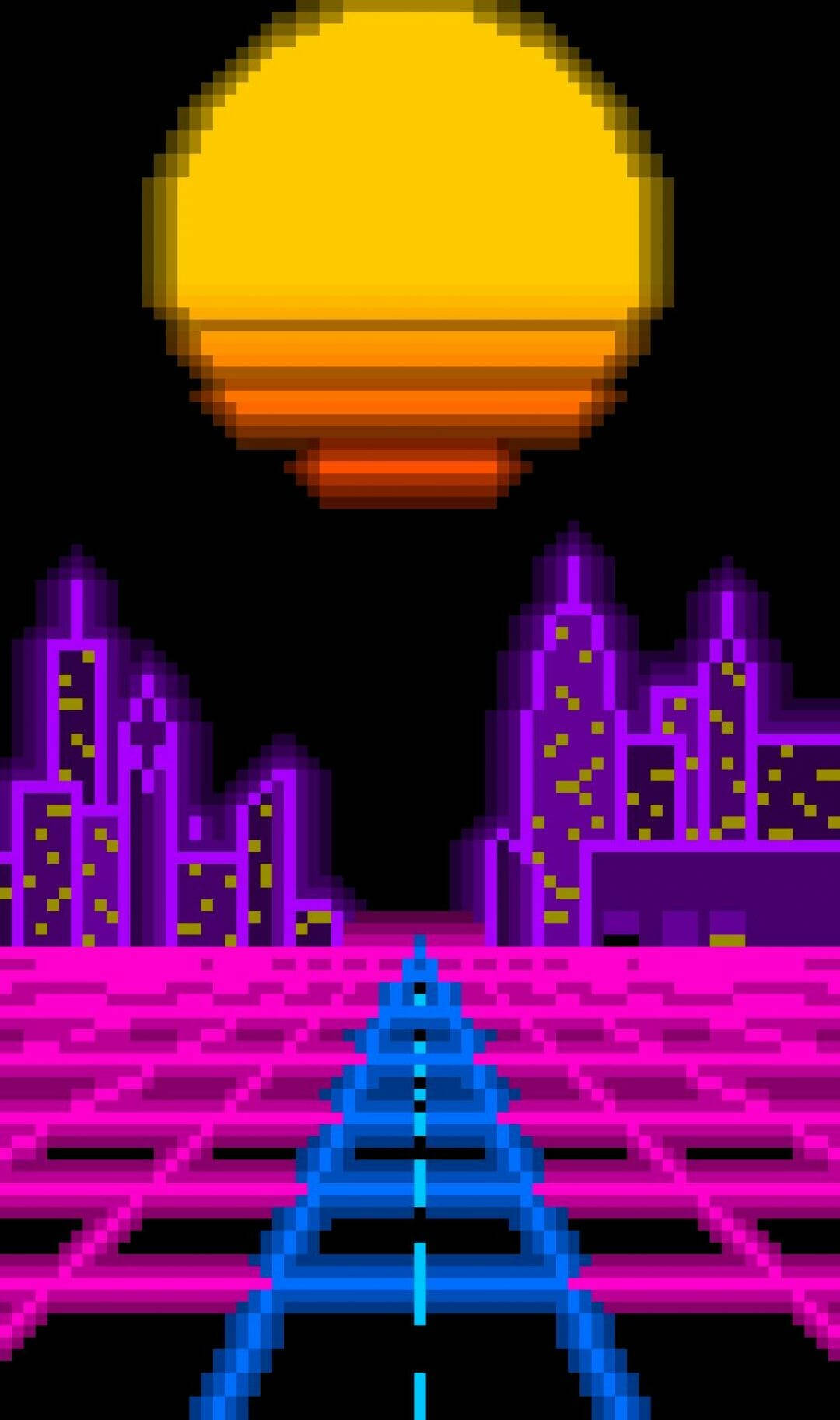 Aesthetic Pixel Art HD 桌布 壁紙 — 像素化復古未來城市景觀，黑色天空下發光的紫色建築和一個大黃色太陽。