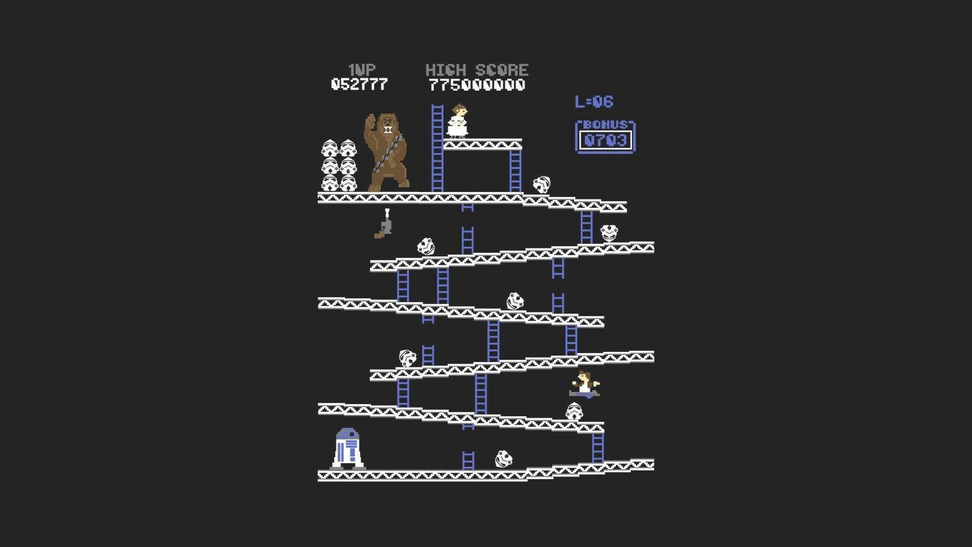 Donkey Kong 桌布 壁紙 — 像素化復古遊戲場景，Chewbacca 和 R2-D2 在平台上，有梯子和敵人，背景深色。