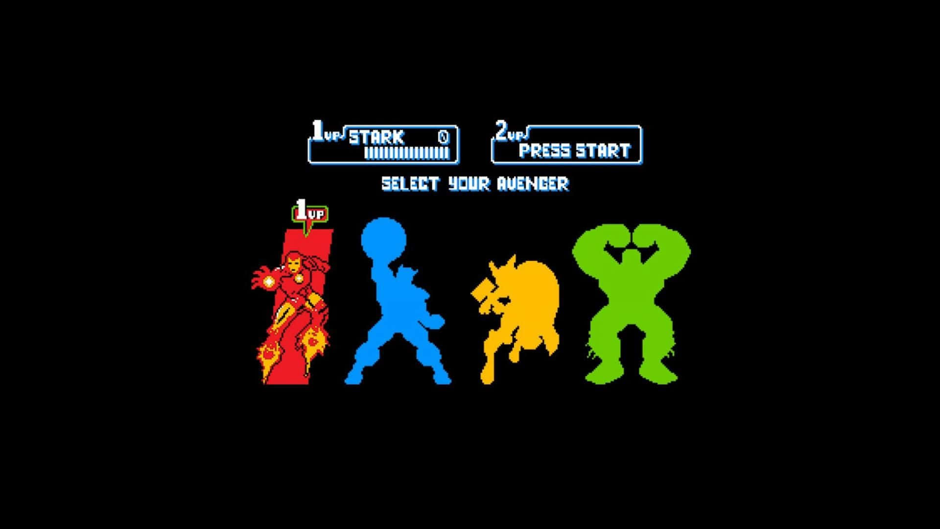 Funny Gaming 桌布 壁紙 — 像素化復古遊戲畫面，在黑色背景上顯示四個色彩鮮豔的復仇者聯盟角色。