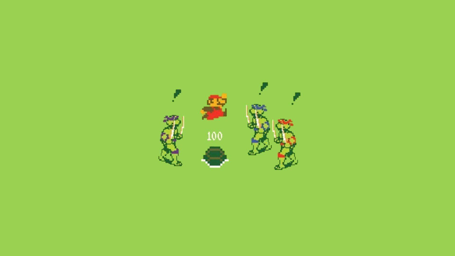 Cartoon Turtle 桌布 壁紙 — 像素化忍者龜在純綠色背景上的復古電玩場景中對抗紅色敵人。