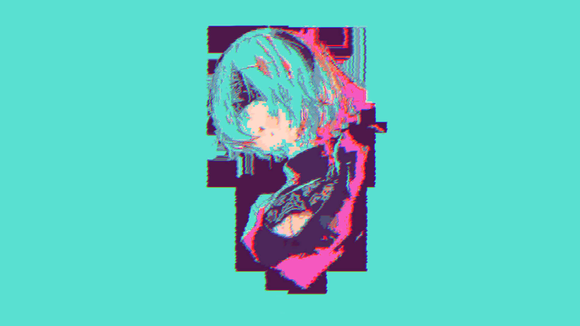 動漫女孩 桌布 壁紙 — 像素化扭曲的青色背景上，帶有青綠色頭髮的動漫女孩的故障藝術肖像。