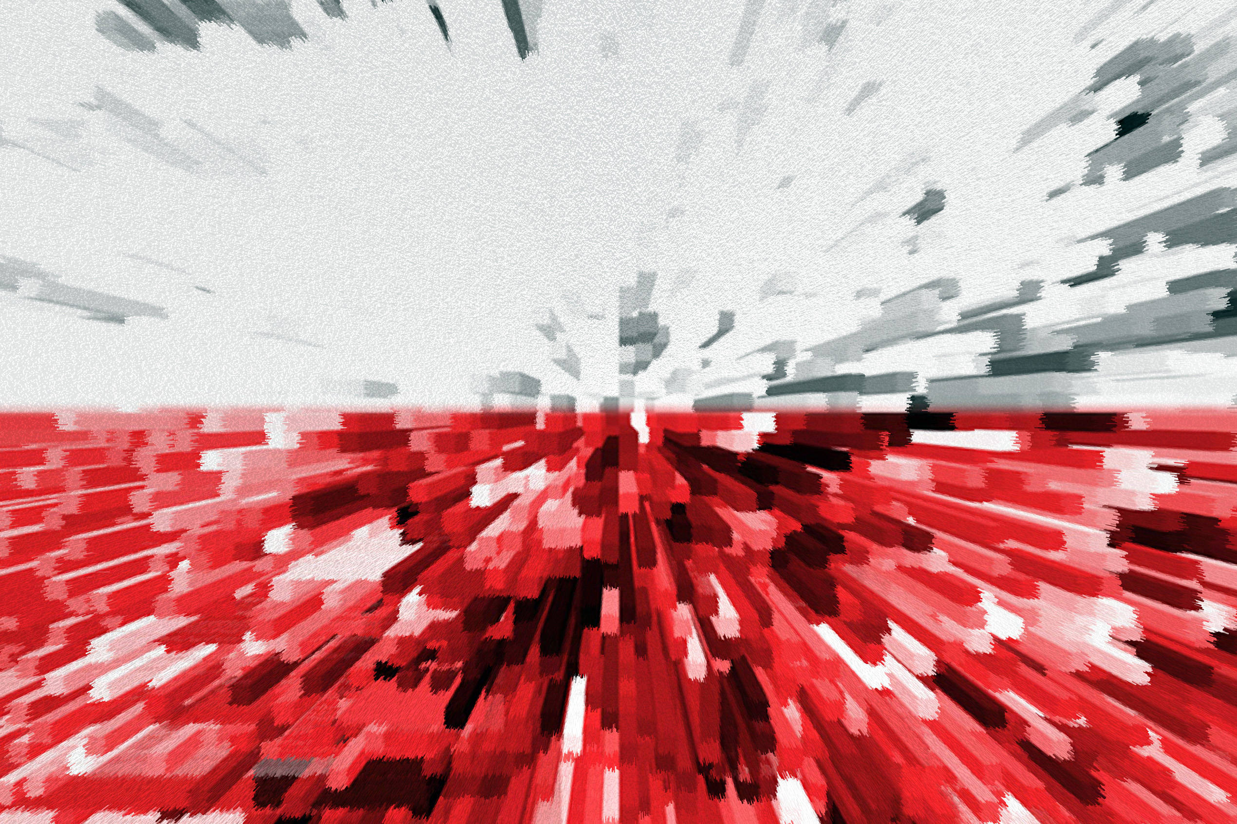 Poland Flag 桌布 壁紙 — 像素化抽象爆炸，紅色和白色條紋從中心點向外輻射，背景為灰色。