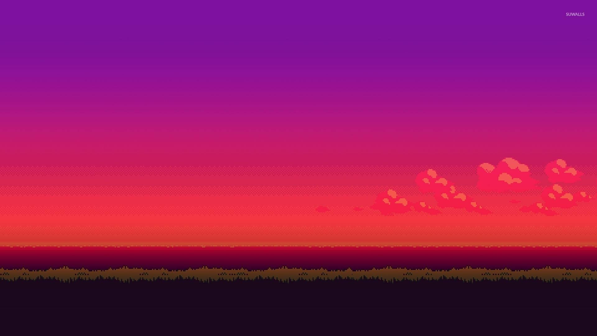 像素藝術日落，紫色和紅色的天空，發光的雲朵在黑暗景觀之上。 — 8 位元 GIF 壁紙