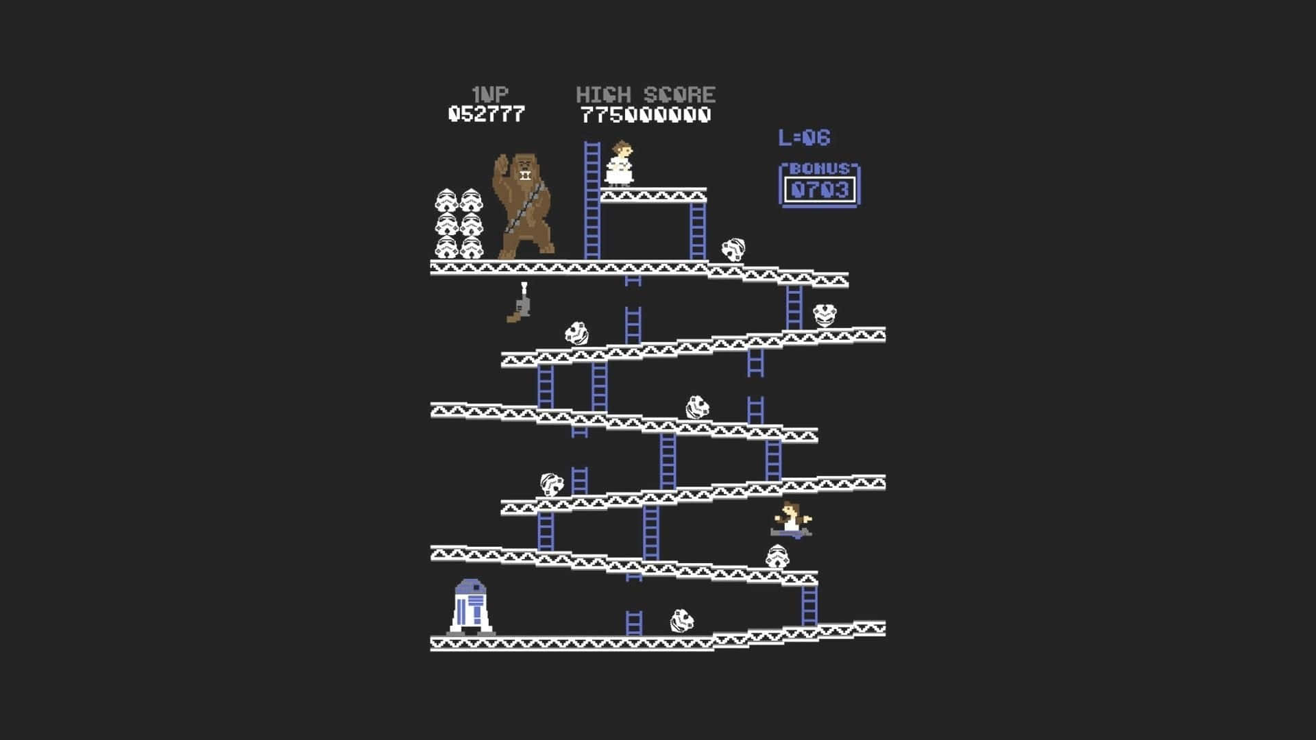 Retro Gaming 桌布 壁紙 — 像素化星際大戰遊戲場景，黑暗背景上有 Chewbacca 和 R2-D2，以及分數和梯子。