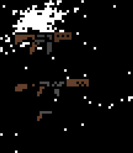Rifle 桌布 壁紙 — 像素化槍枝在星空虛空中漂浮，帶有白色粒子爆炸，背景為黑色。
