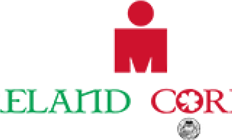 愛爾蘭 桌布 壁紙 — 像素化標誌，用於Ironman Eland Cort，帶有紅色、白色和綠色的文字和圖標，背景為黑色。