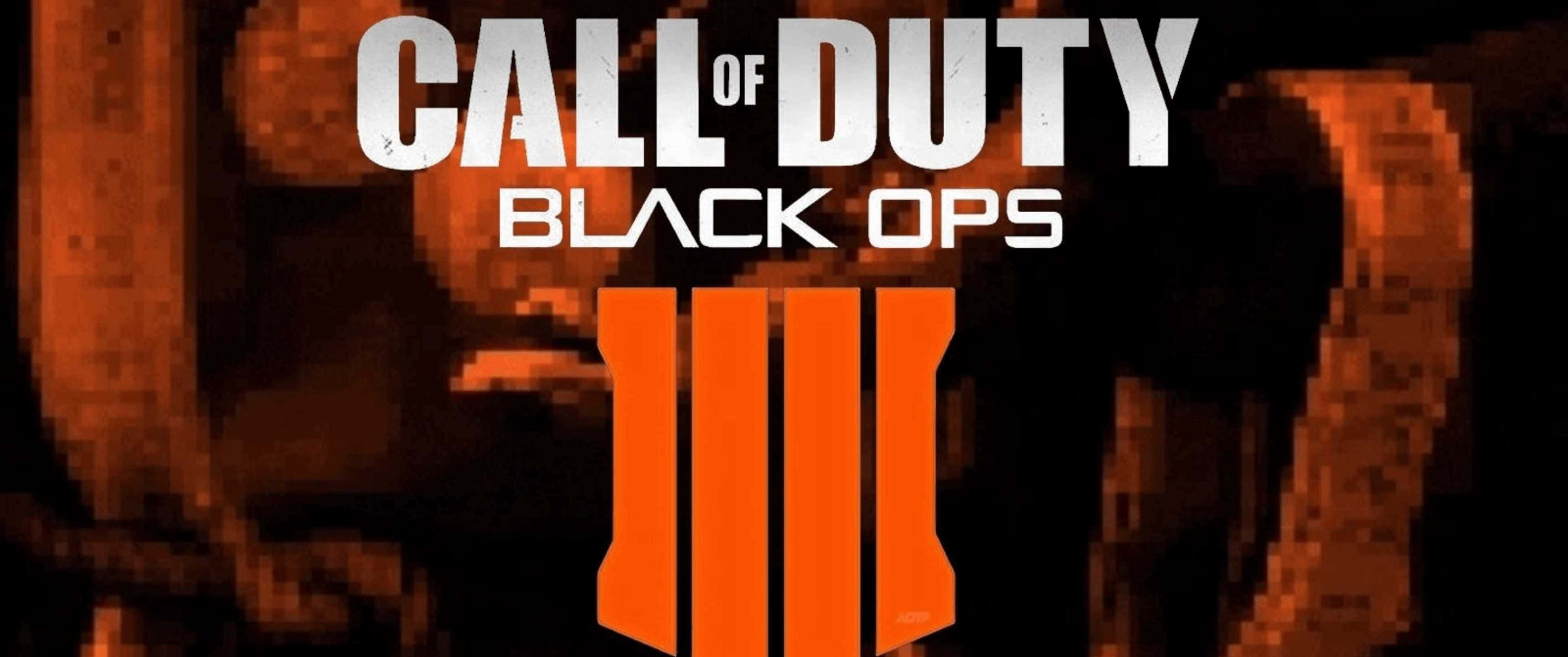 3440x1440p Call Of Duty Black Ops 4 桌布 壁紙 — 像素化橙色和黑色的 Call of Duty Black Ops 遊戲標誌，在粗糙紋理背景上有粗體白色文字。