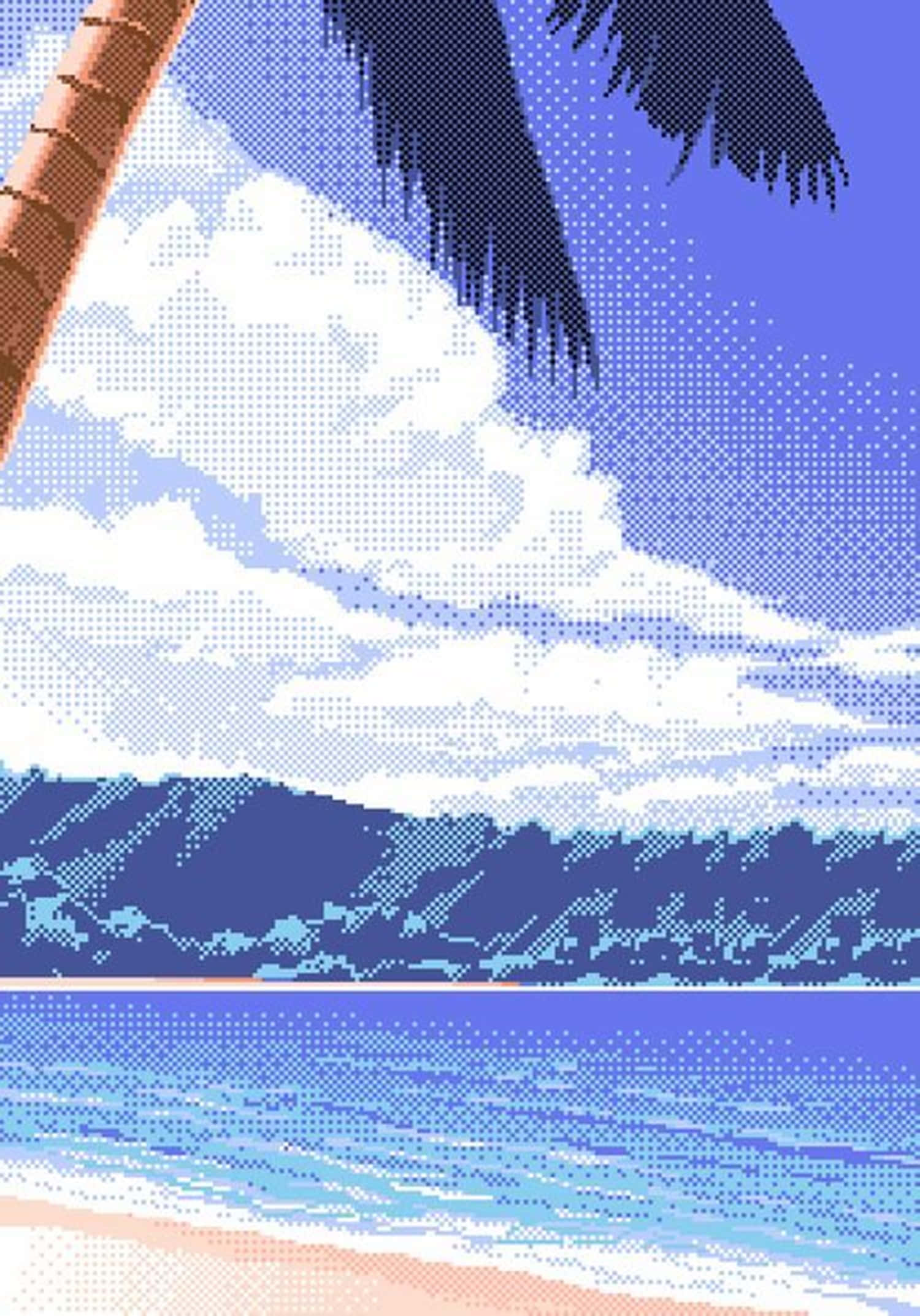 Pixel Beach 桌布 壁紙 — 像素化熱帶海灘場景，棕櫚樹剪影映襯藍天和海洋波浪。