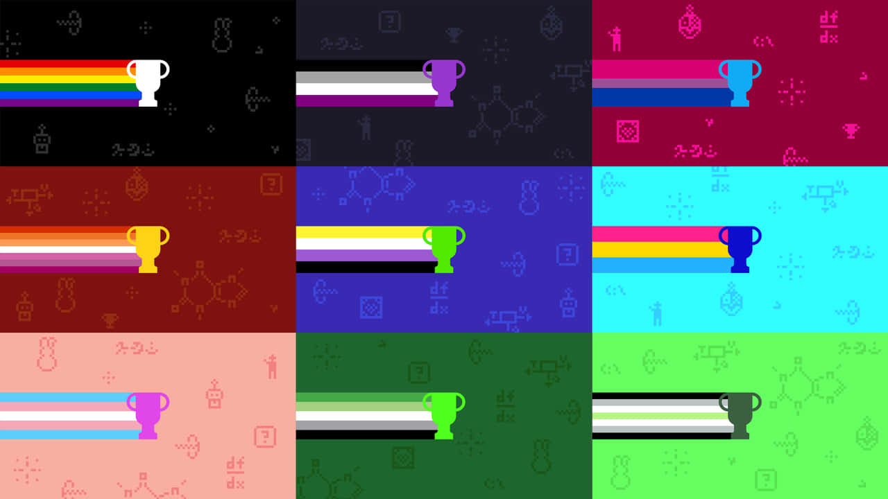 Pride Desktop 桌布 壁紙 — 像素化獎盃漂浮在彩虹條紋上方，背景是充滿數學和科學符號的彩色背景。