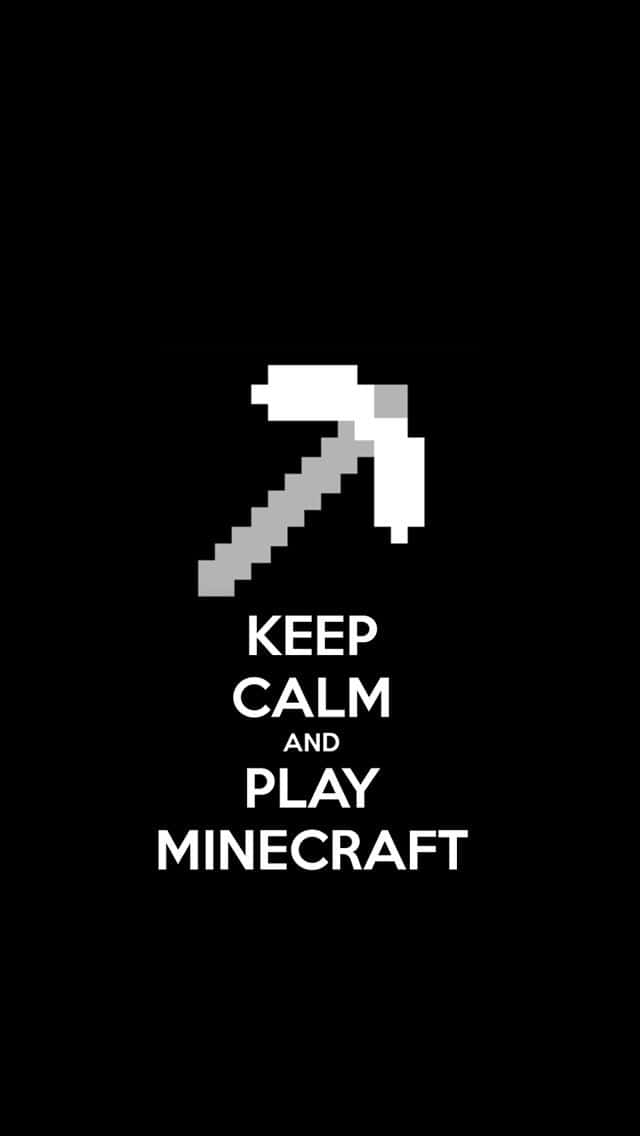 Minecraft Profile 桌布 壁紙 — 像素化白色鎬居中於黑色背景上，並帶有粗體白色文字 keep calm and play minecraft。