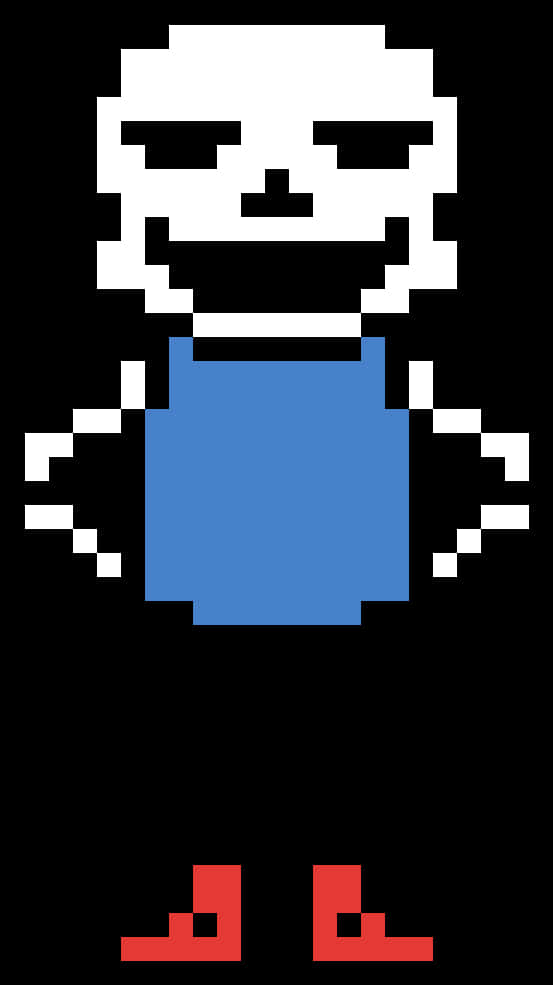 Undertale 桌布 壁紙 — 像素化白色骷髏角色，身穿藍色襯衫和紅色鞋子，站在黑色背景前。