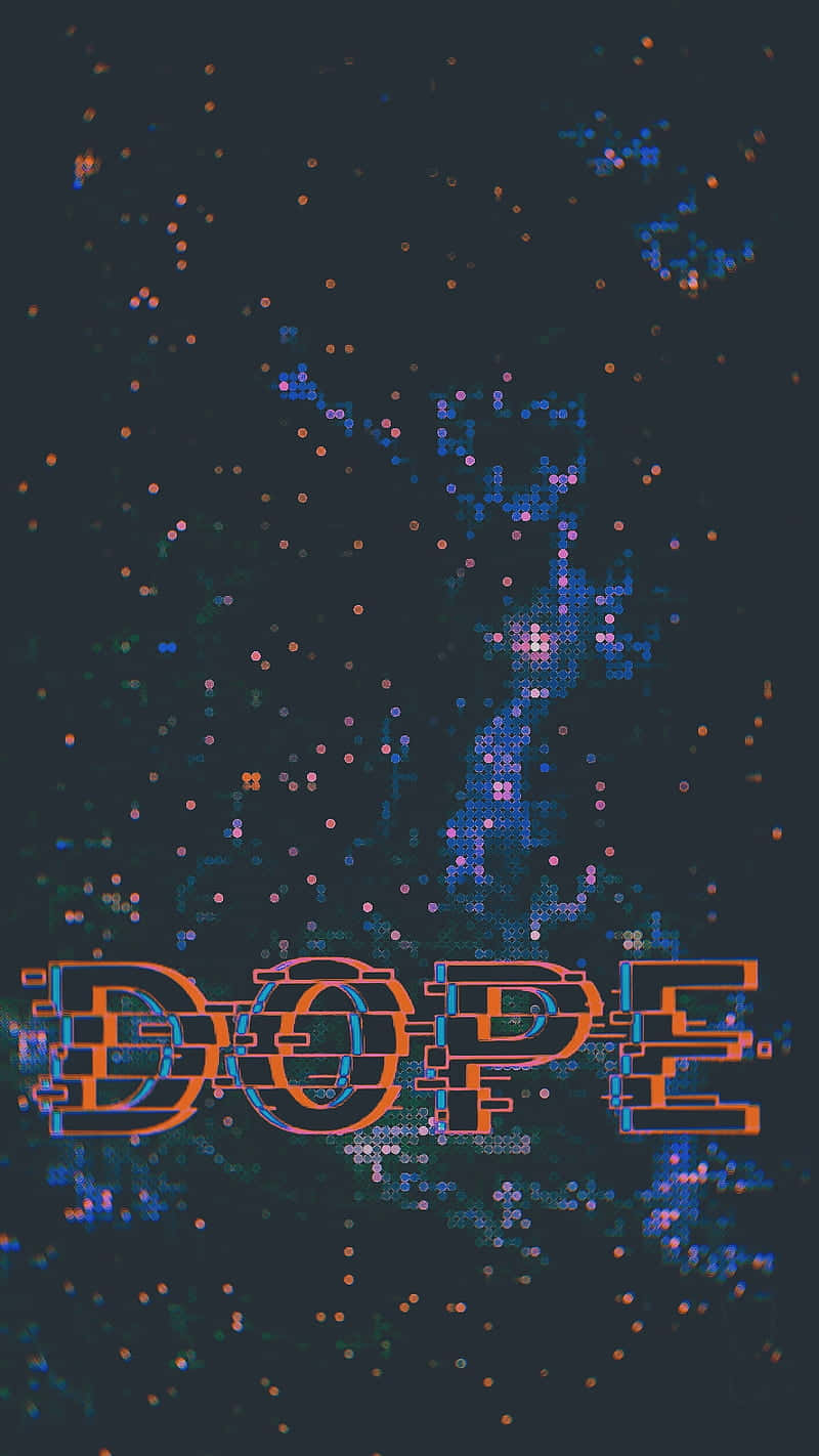 Lit iPhone 桌布 壁紙 — 像素化的「DOPE」文字在帶有彩色數位噪點的深色背景上發出橙色和藍色光芒。