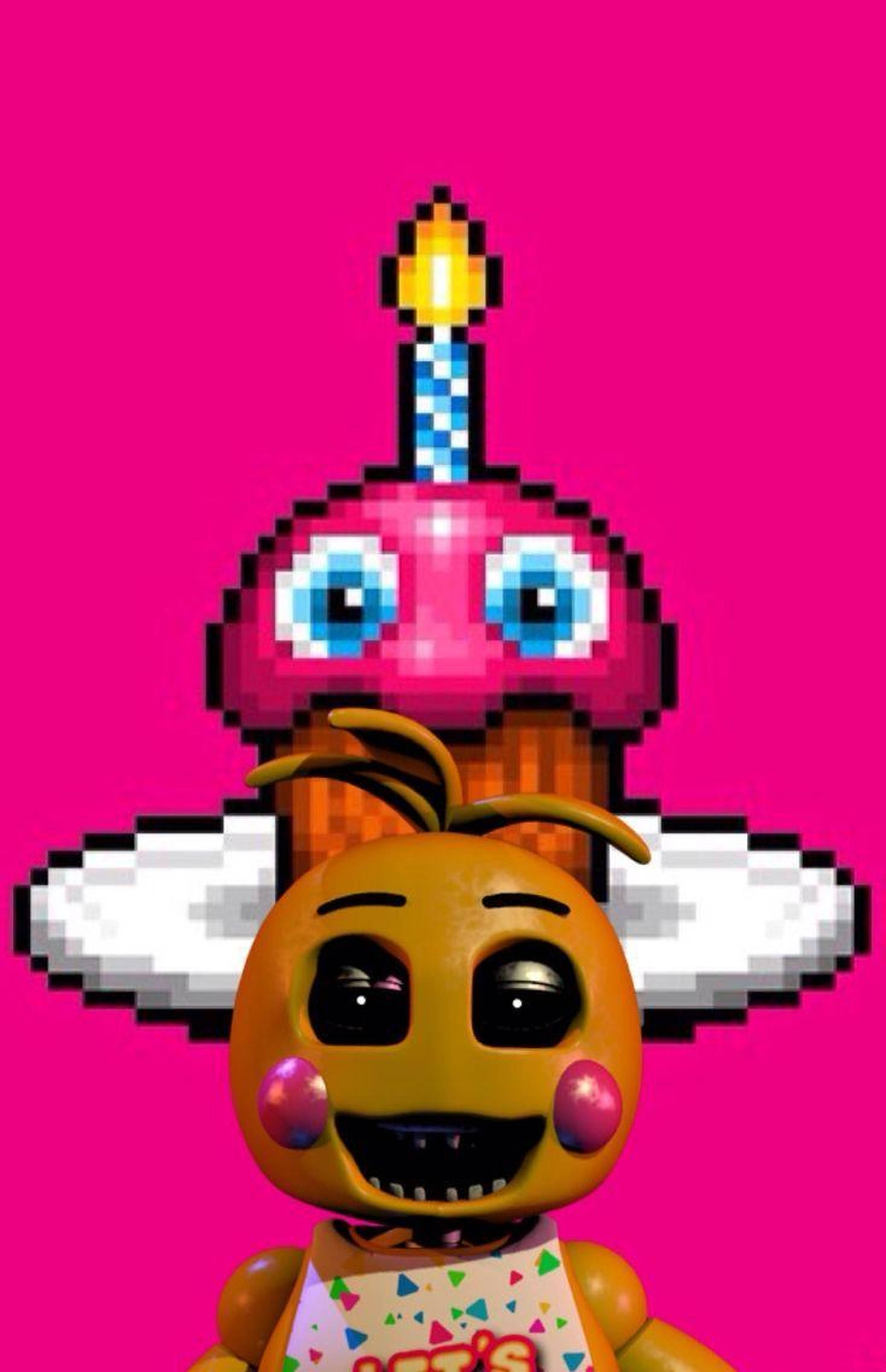 chica 桌布 壁紙 — 像素化的 Freddy Fazbear 在充滿活力的粉紅色背景前拿著一個插著點燃蠟燭的杯子蛋糕。