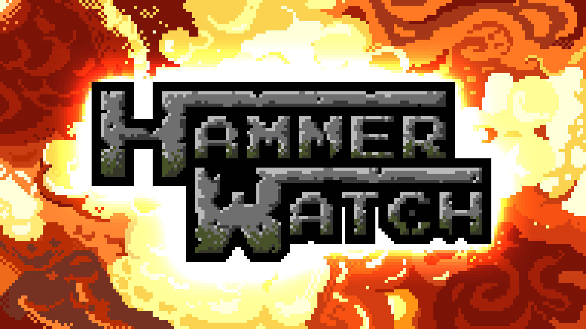Hammerwatch 桌布 壁紙 — 像素化的「Hammer Watch」標誌從熾熱的橙色和黃色爆炸中出現，帶有粗體塊狀文字。