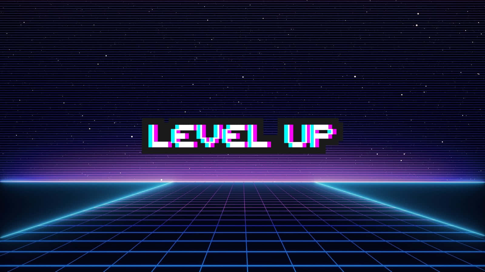 酷炫桌面 桌布 壁紙 — 像素化的「LEVEL UP」文字在復古未來風格的網格和星空夜空背景下，以故障效果發光。