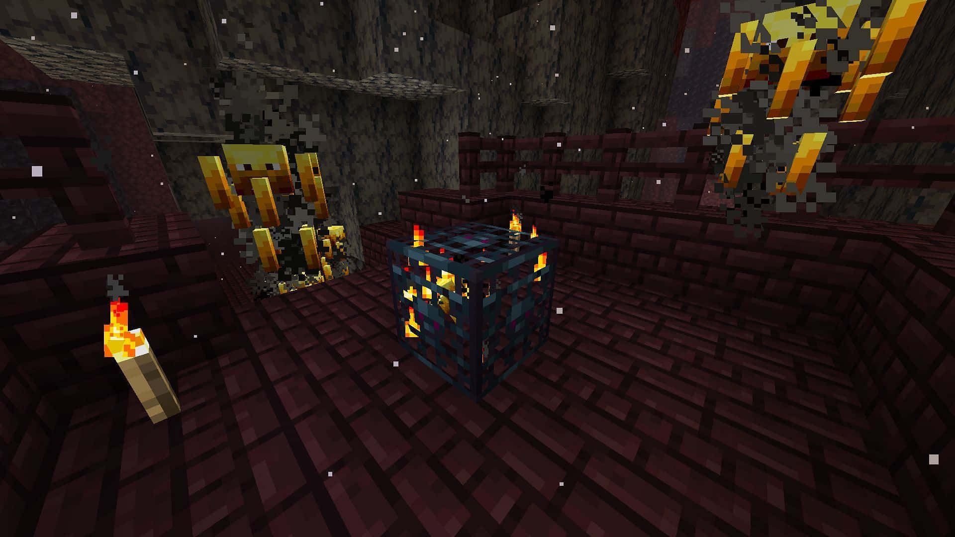 Minecraft Blaze Farming 桌布 壁紙 — 像素化的 Minecraft 地獄堡壘內部，發光的熔岩方塊和火炬照亮紅磚牆。