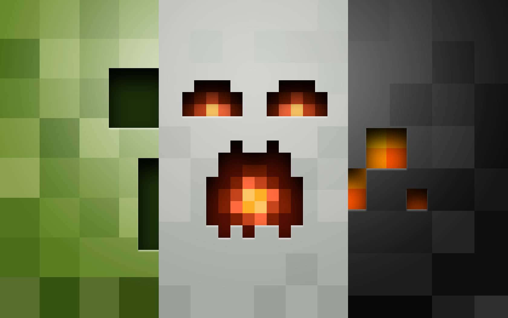 Minecraft Spider 桌布 壁紙 — 像素化的 Minecraft 爬行者，帶有發光的橙色眼睛和嘴巴，背景為綠色、灰色和黑色的方塊。