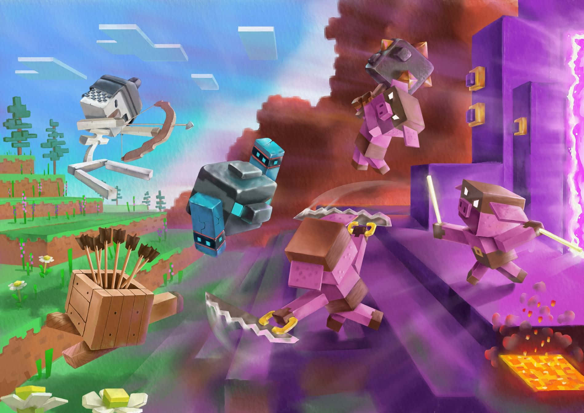 Minecraft Art 桌布 壁紙 — 像素化的 Minecraft 生物在充滿活力的奇幻景觀中戰鬥，其中有浮島和發光的熔岩。