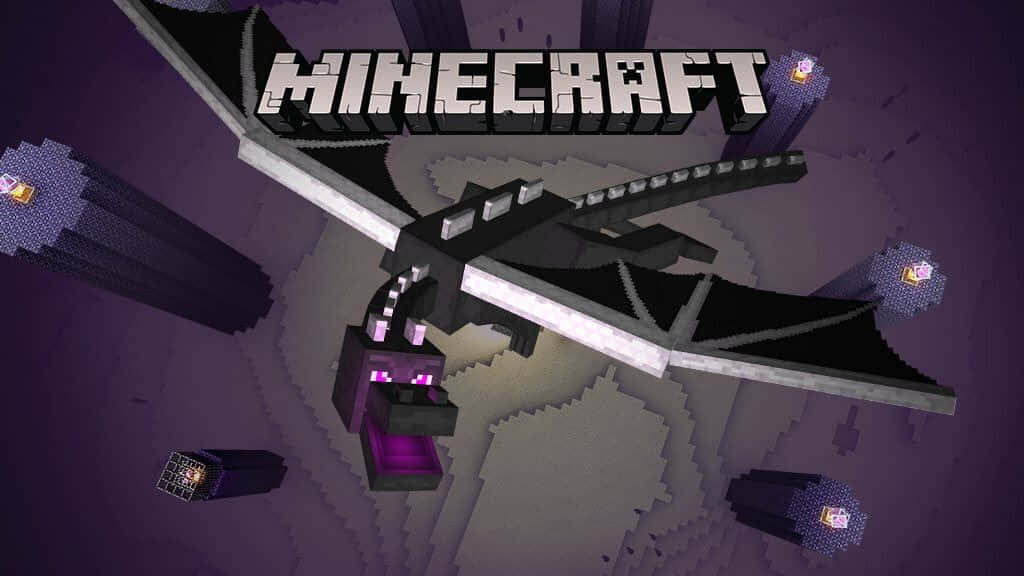 Ender Dragon 桌布 壁紙 — 像素化的 Minecraft 終界龍在紫色虛空上方翱翔，周圍有浮動的終界水晶，遊戲標題在上方。