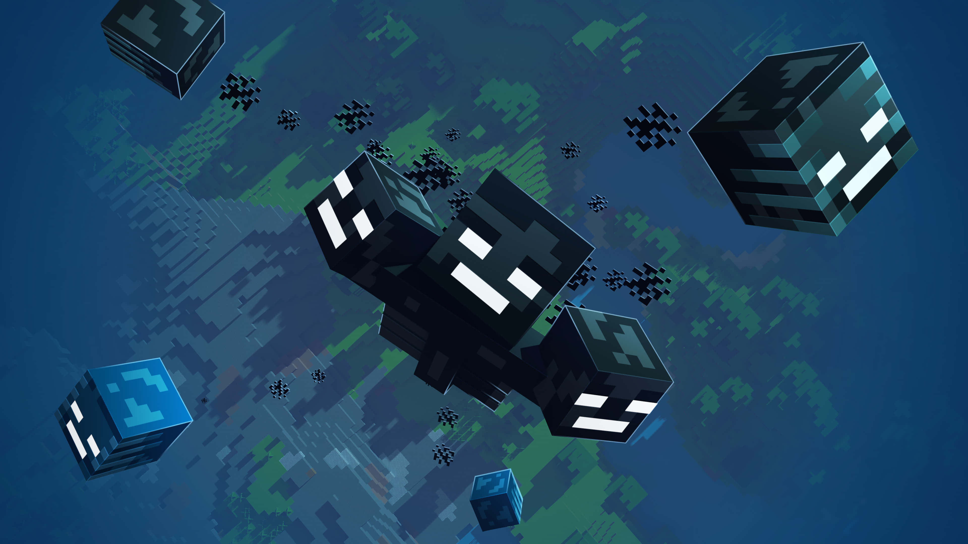 Minecraft Wither Boss 桌布 壁紙 — 像素化的 Minecraft 苦力怕在黑暗的天空下，威脅地漂浮在方塊狀的綠色和藍色景觀之上。