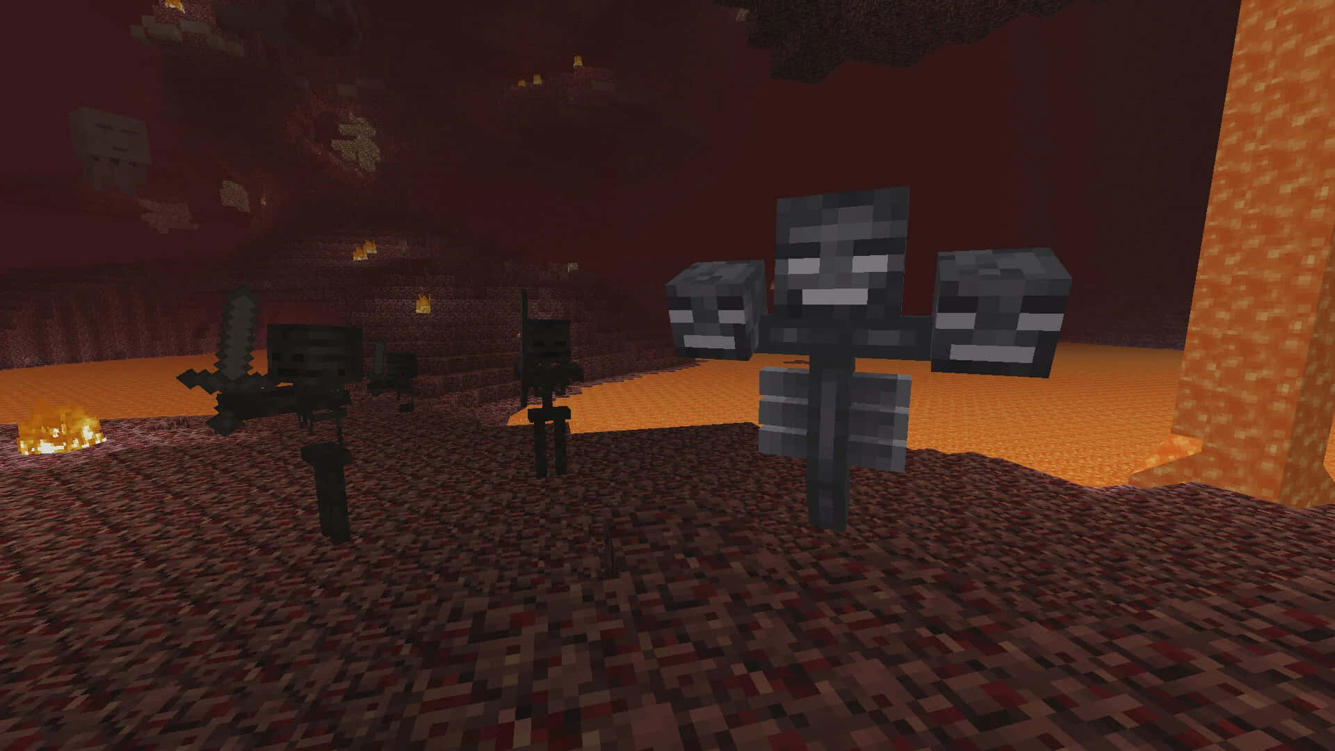 Minecraft Wither Boss 桌布 壁紙 — 像素化的 Minecraft 骷髏和守衛站在一個有發光熔岩和浮動石塊的熾熱地獄景觀中。