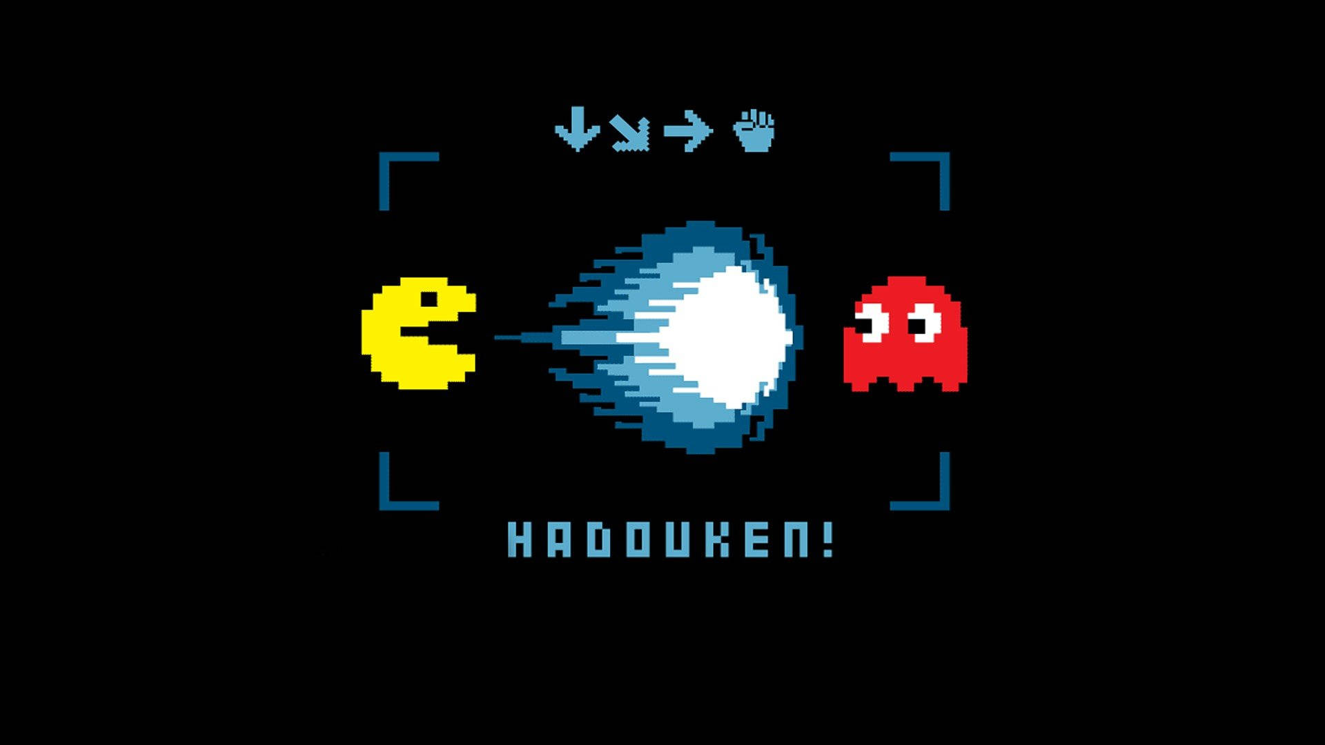 pac man 桌布 壁紙 — 像素化的 Pacman 向一個被遊戲控制鍵框住的紅色鬼魂發射藍色波動拳，背景是黑色。