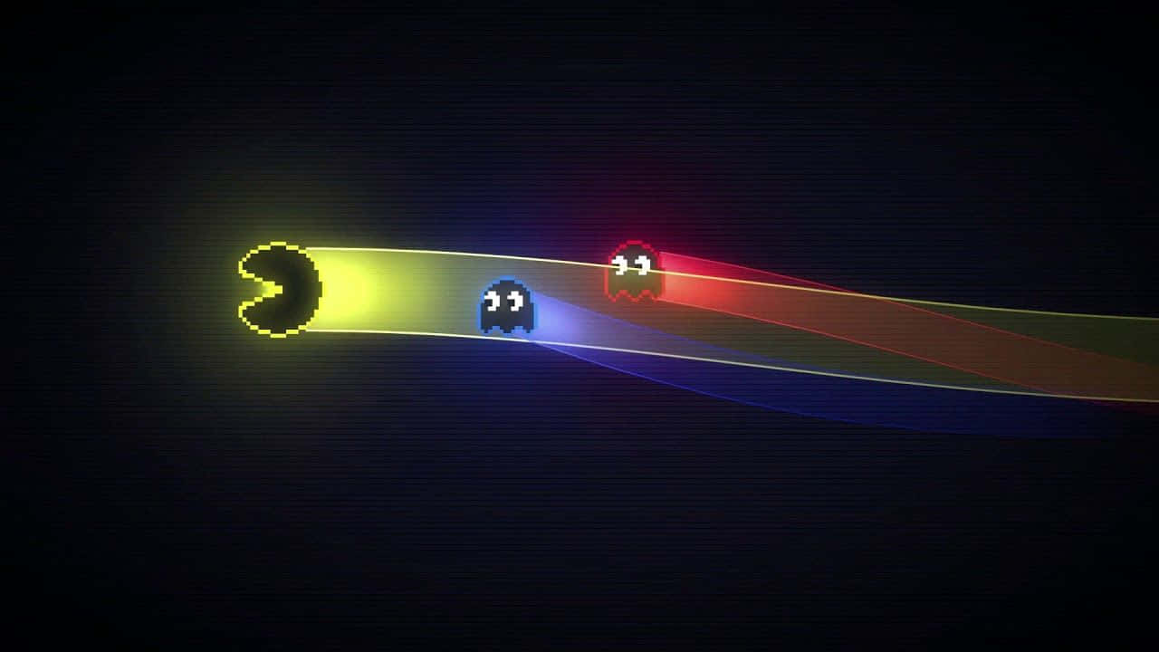 Pacman 桌布 壁紙 — 像素化的 Pacman 和鬼魂在黑暗背景上沿著發光的彩虹軌跡追逐。