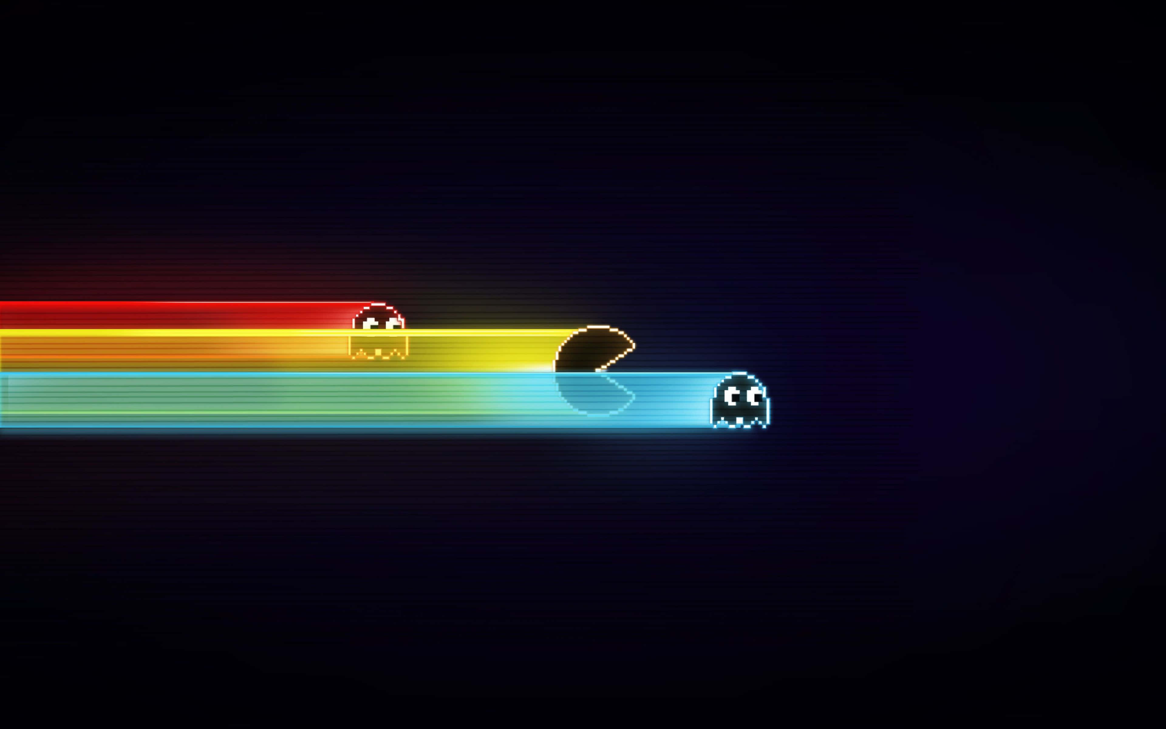 poster 桌布 壁紙 — 像素化的 Pacman 和鬼魂在黑暗背景上沿著鮮豔的彩虹軌跡滑行。