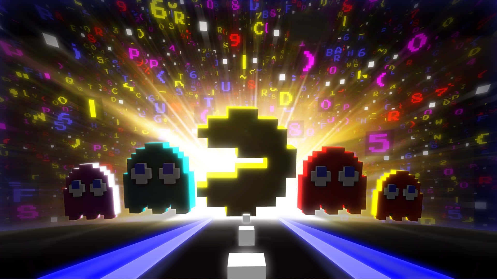 HD Pacman 桌布 壁紙 — 像素化的 Pacman 和鬼魂從一個發光的數位傳送門中衝出，周圍漂浮著色彩繽紛的字母和數字。