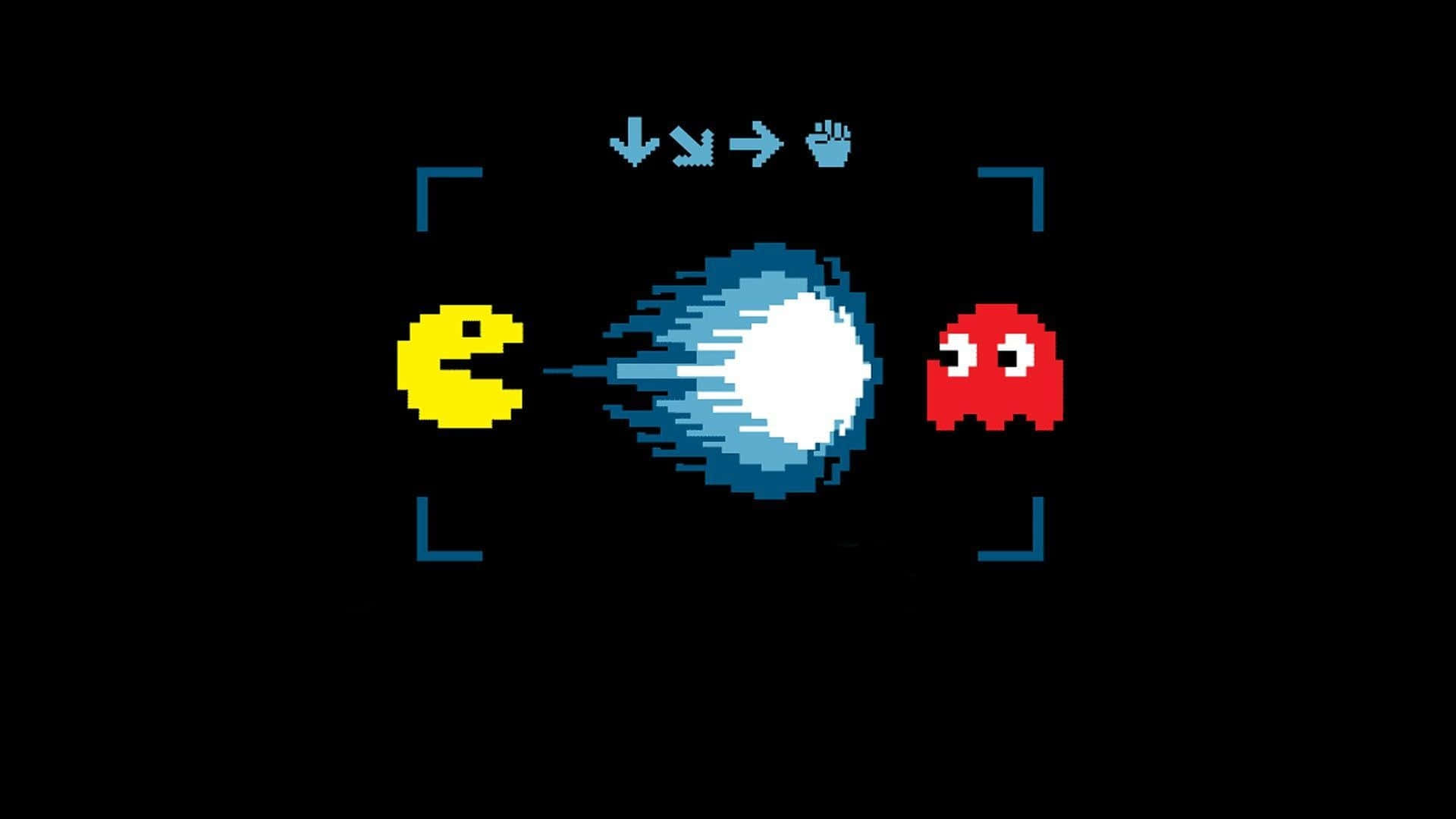 Pacman 桌布 壁紙 — 像素化的 Pacman 在復古遊戲框架中追逐一個紅色鬼魂，伴隨著藍色能量爆炸。