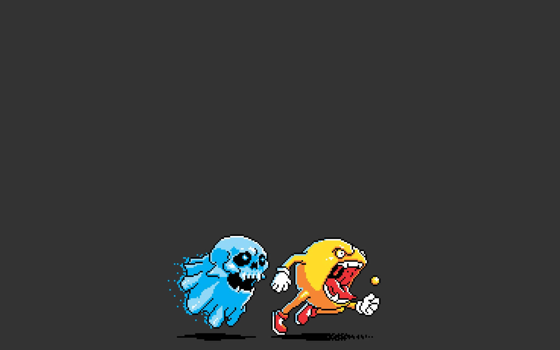 電玩遊戲 桌布 壁紙 — 像素化的 Pacman 在深灰色背景上追逐藍色鬼魂，經典街機風格。