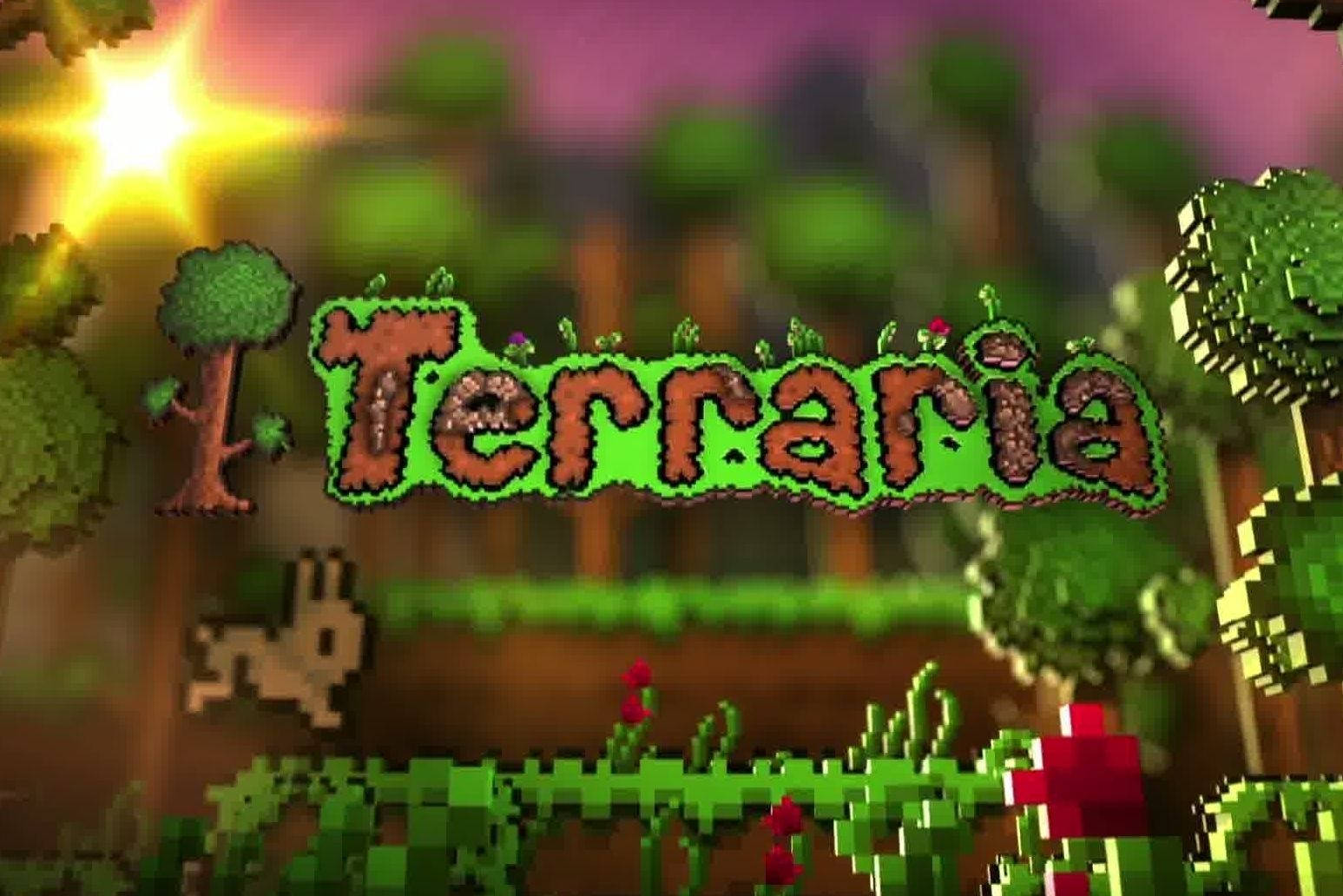 Terraria 桌布 壁紙 — 像素化的 Terraria 標誌在充滿活力的森林場景中發光，有明亮的太陽和方塊狀的樹木。